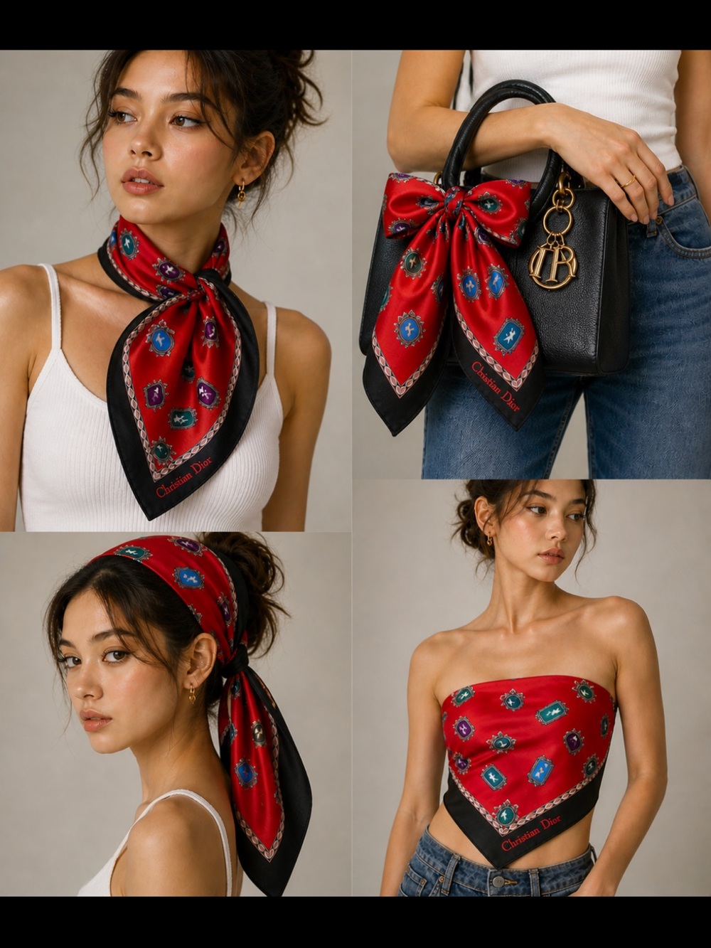Christian Dior Red & Black Jeweled Print Silk Scarf - Picture 8 of 10